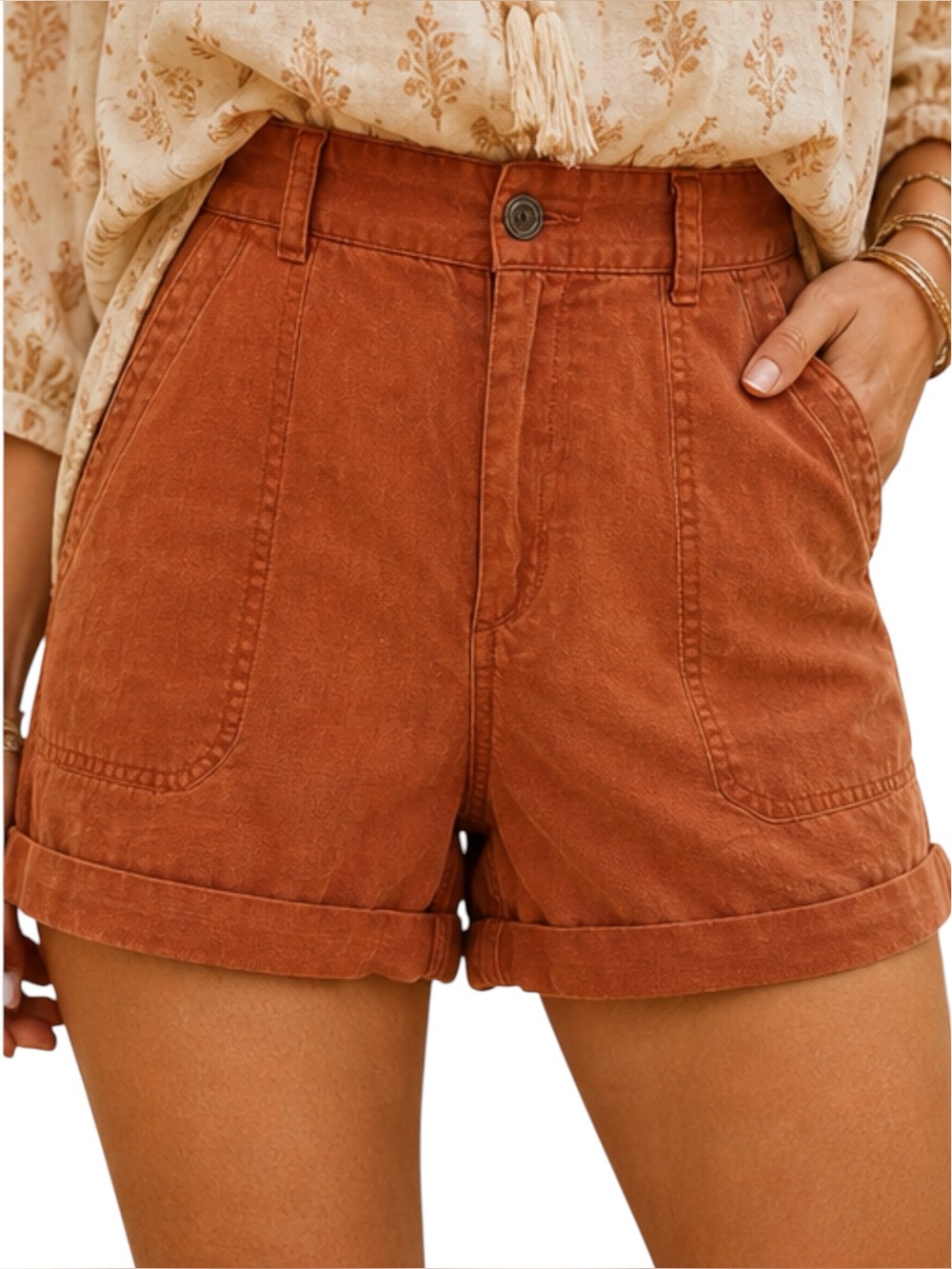 Bella Dahl Sedona High Rise Rolled Cuff Linen Blend Rust Utility Shorts 31